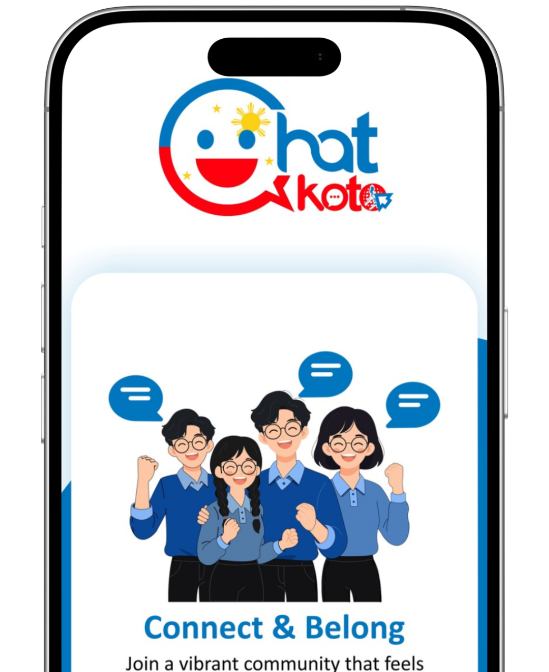 Chatkoto app showing the Connect & Belong welcome screen